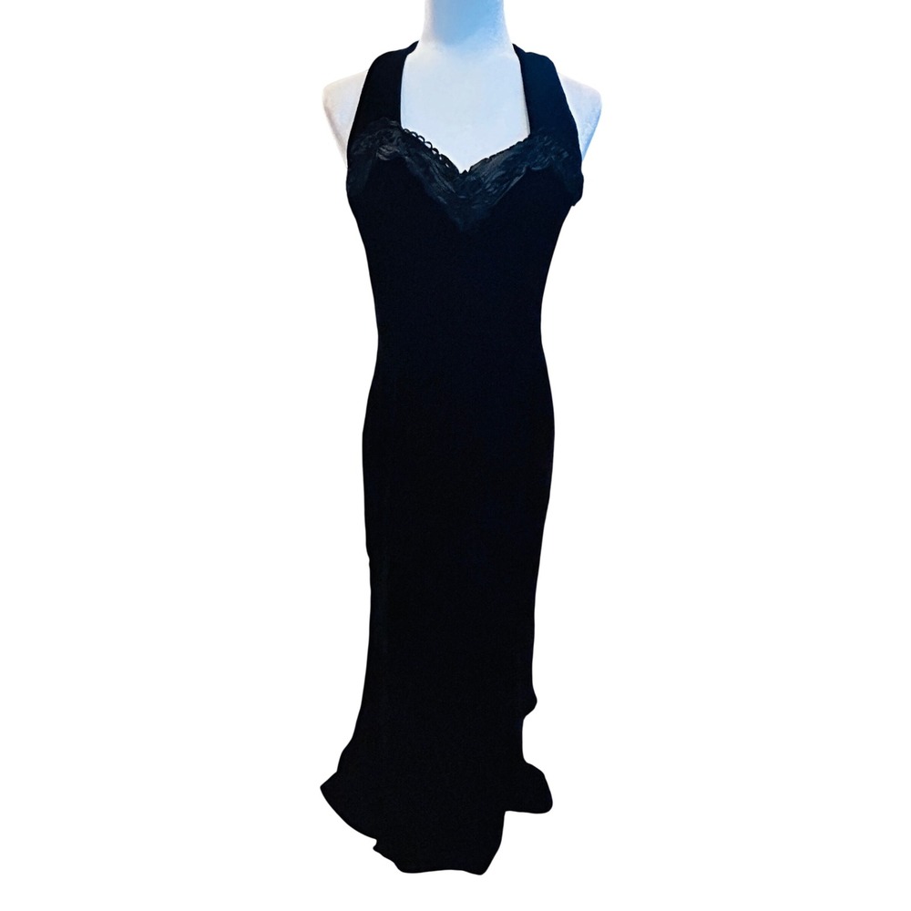 Vintage designer Halter Maxi Dress Womens Small Black Lace Trim Velvet Goth